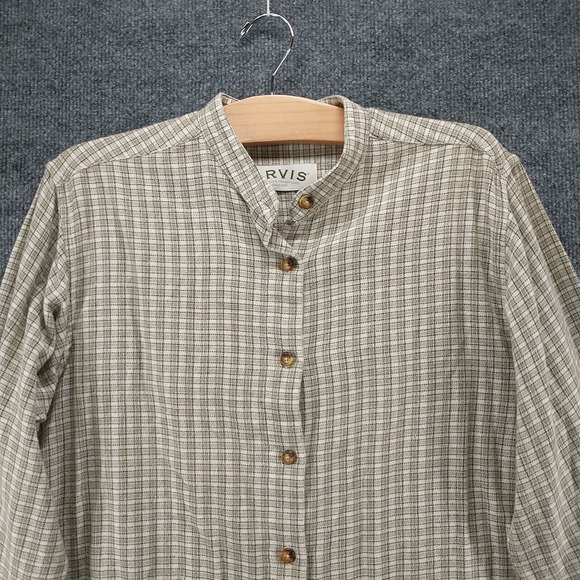 Orvis Men's Button Up Shirt Long Sleeve Tan L Checkered Cotton - Picture 3 of 12